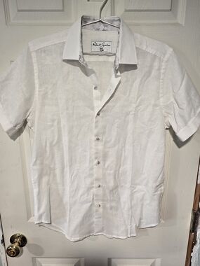 Robert Graham White Short-Sleeve Linen Button-Down Shirt with Contrast Collar